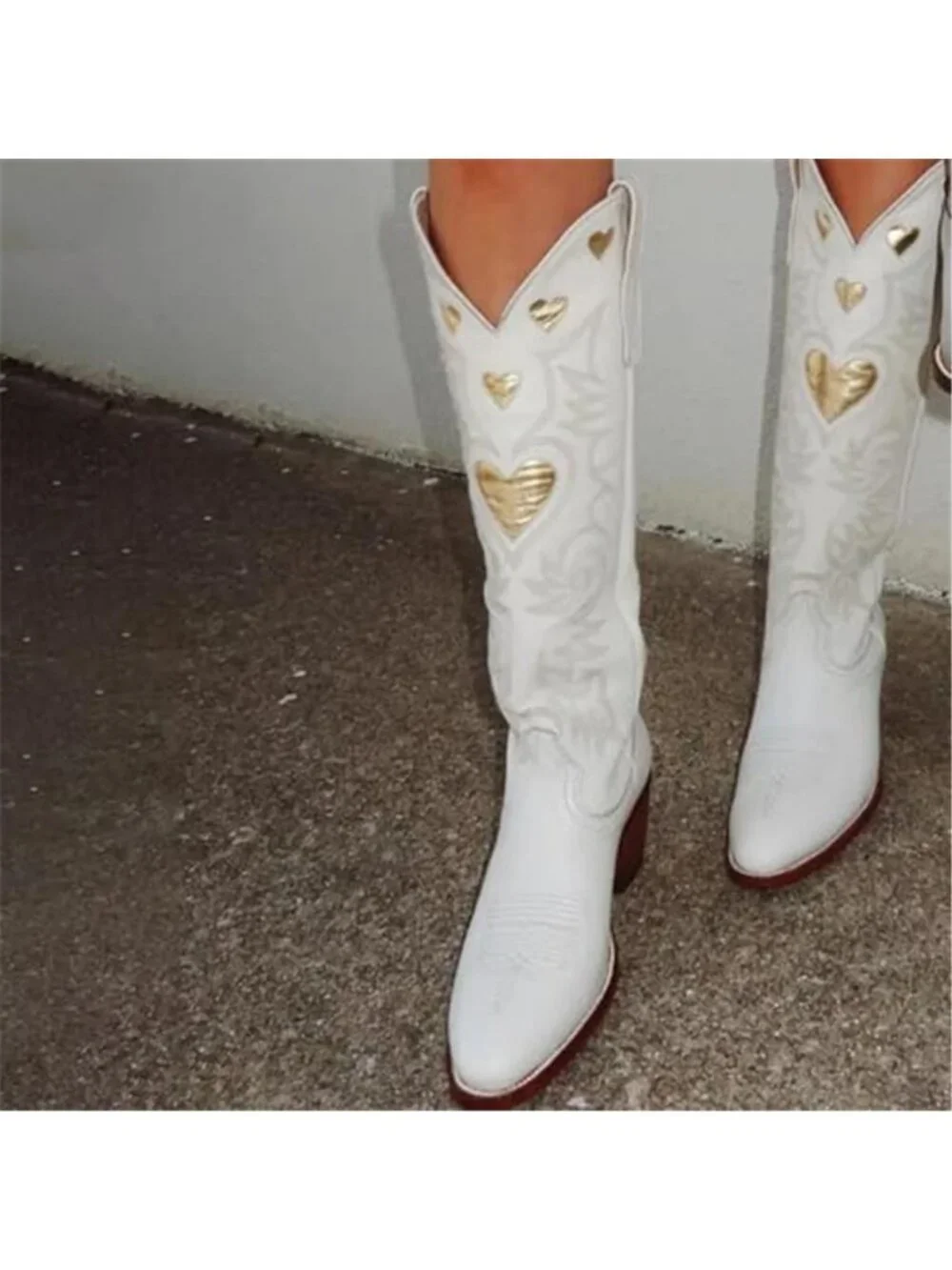 Knee High Boots for Women Heart Embroidered Western Boots Round Toe